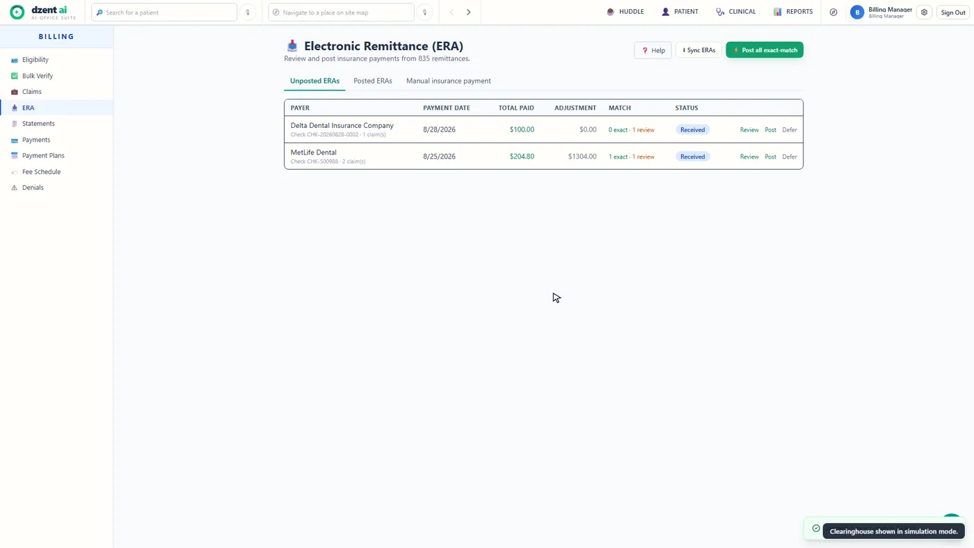 DzentAI Electronic Remittance screen with the 'Post all exact-match' button and per-remittance exact and review match counts