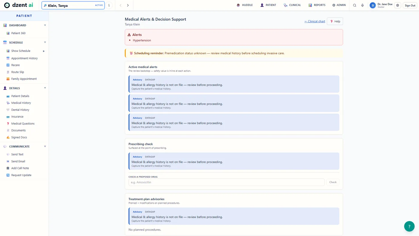 DzentAI medical alerts and decision support with a hypertension alert, premedication reminder, prescribing check, and treatment-plan advisories