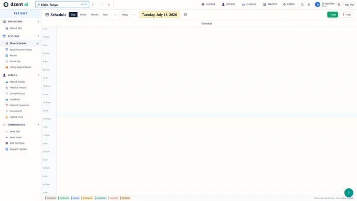 DzentAI schedule day view with a time grid and appointment status legend from Scheduled through No-Show