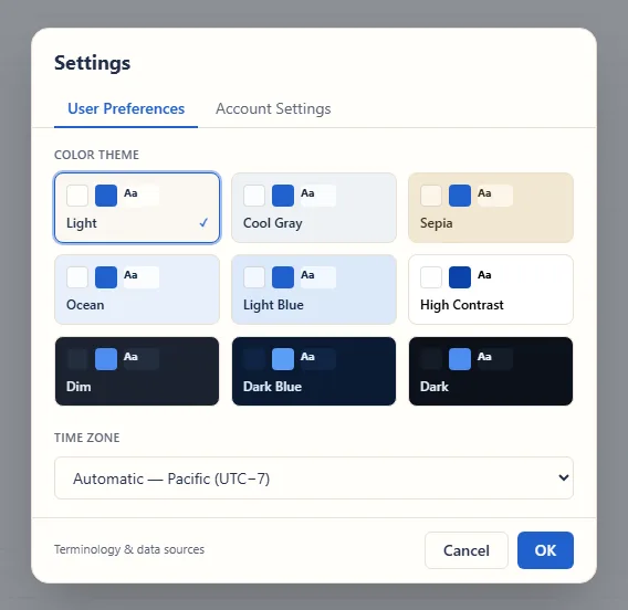 DzentAI theme settings with nine themes including High Contrast, Dim, Dark Blue, and Dark