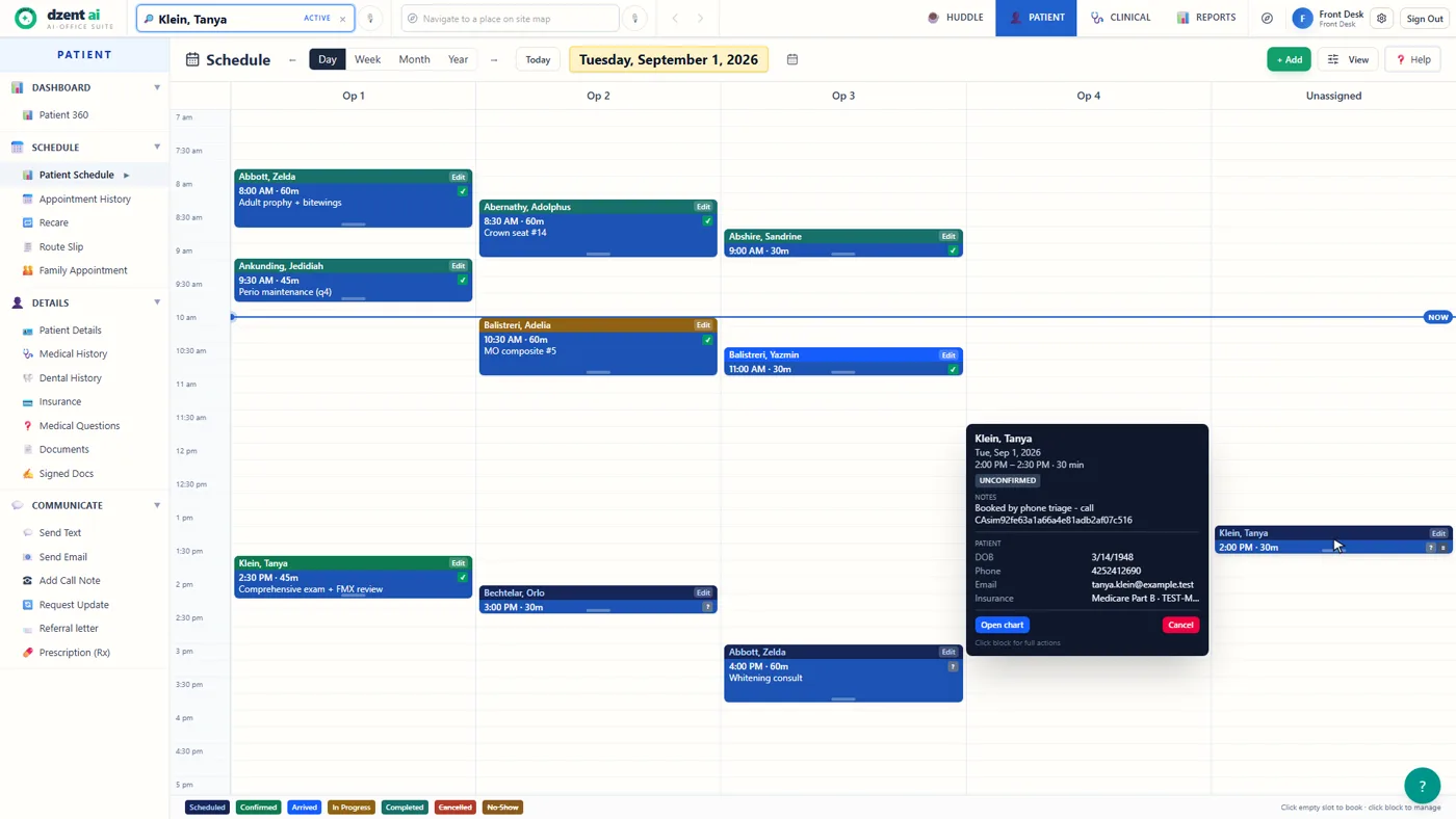 DzentAI schedule: an appointment created by phone triage, marked Unconfirmed, with the note 'Booked by phone triage' — waiting for front-desk confirmation